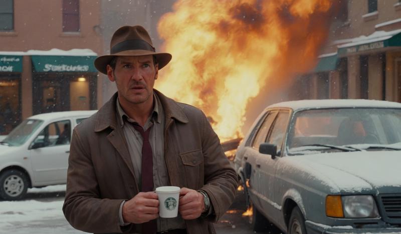 00968-[number]-209268145-Indianajones person drinking Coffee at Starbucks. a car explodes in the background. Explosion artstyle, Heavy snow.   _lora_Indi.png